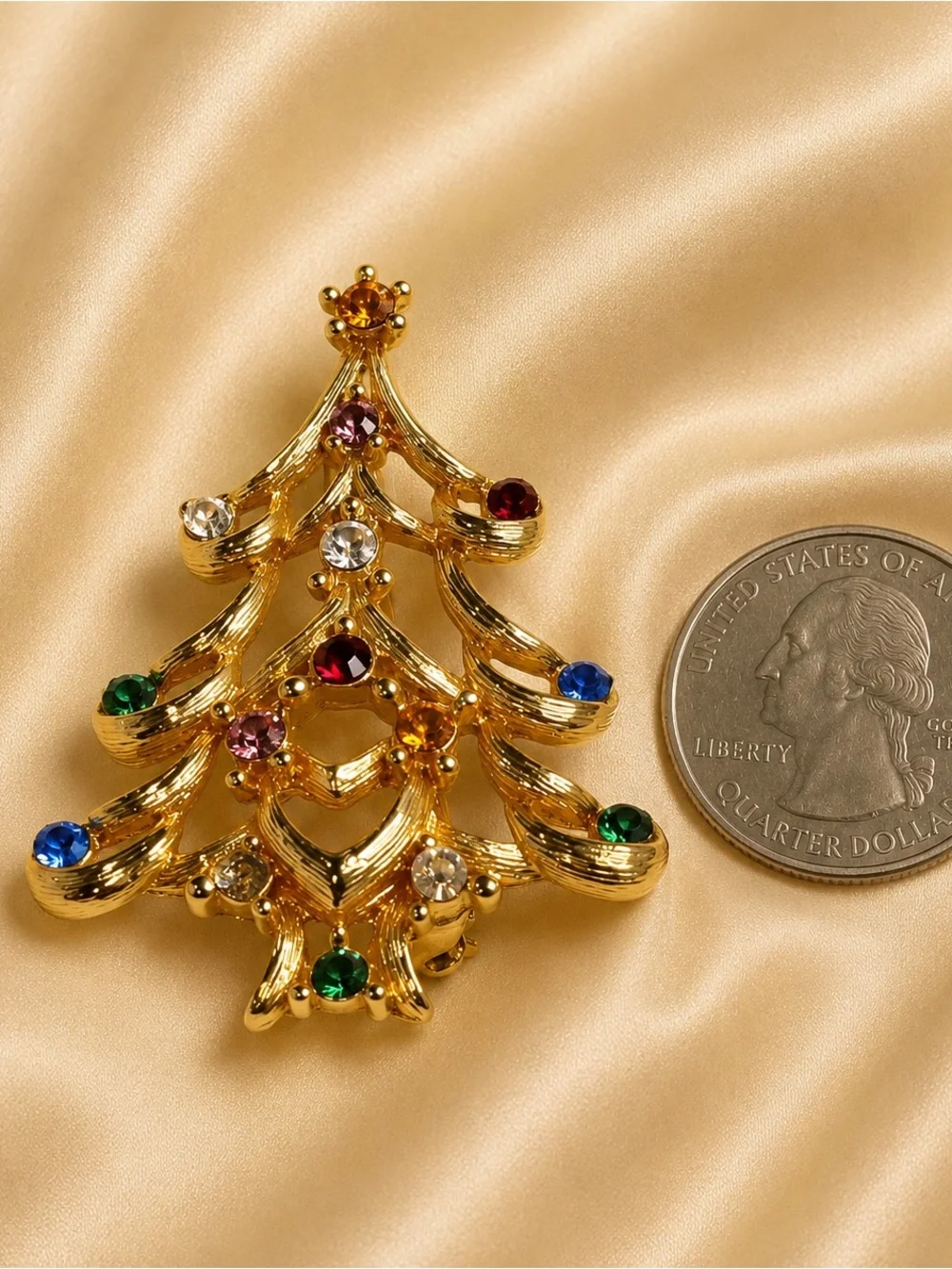 Vintage MONET Christmas Tree Brooch Multicolor Rhinestone Gold Tone Holiday Pin